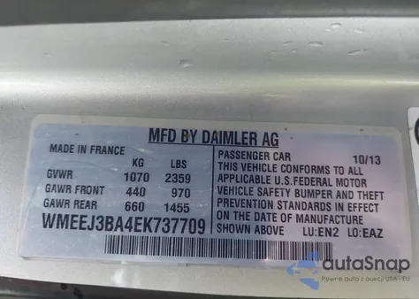 2014 Smart Fortwo Passion/Pure z USA, uszkodzony, nr VIN WMEEJ3BA4EK737709